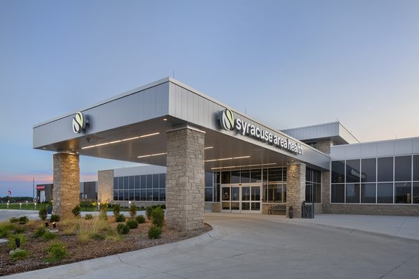 Syracuse Area Health front entrance, drive-under awning in Syracuse, Nebraska