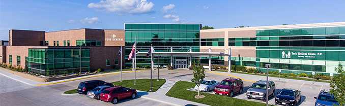 York General hospital with brick and green windows in York, Nebraska